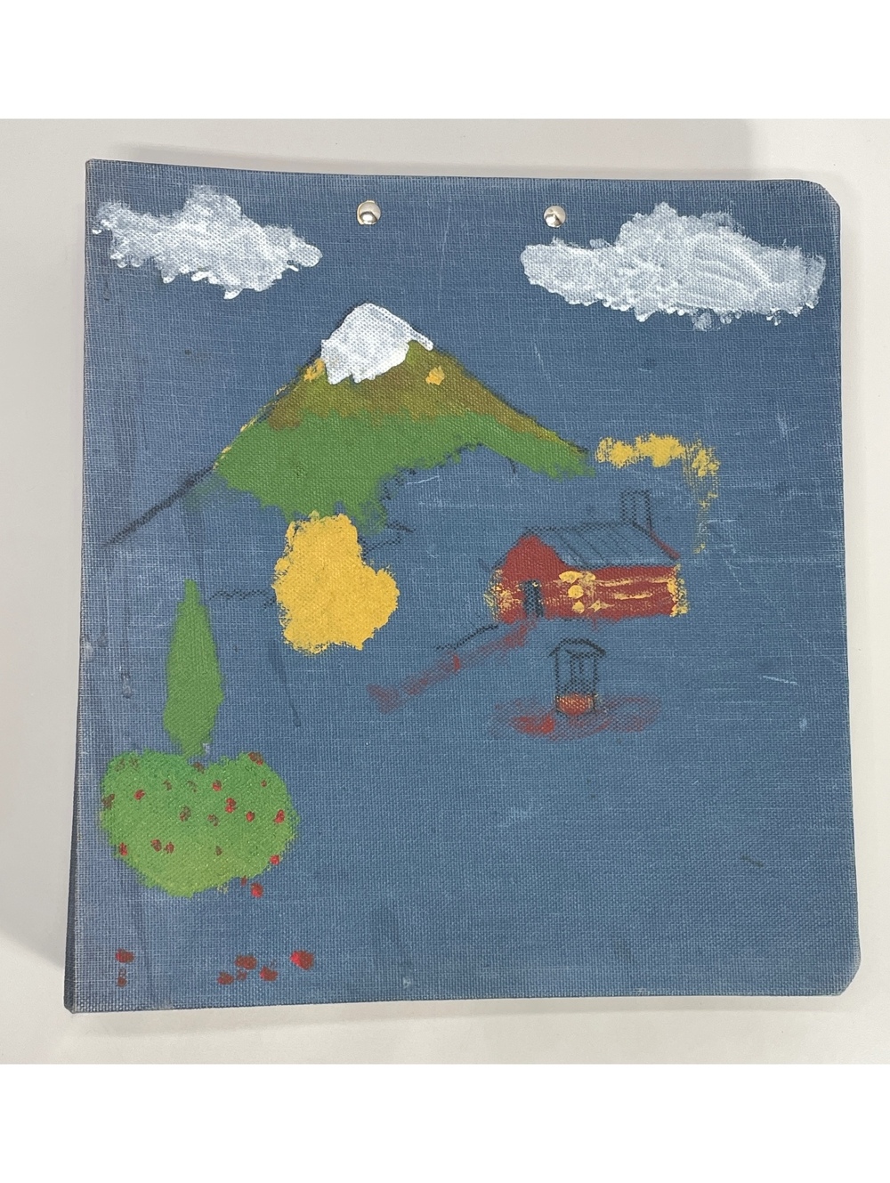 Vintage Blue Denim 3-Ring Binder with Child's Hand-Painted Mountain Scene